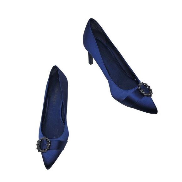 Anne Klein Womens Midnight Blue Satin Pointed-Toe 3" Heels Formal Buckle Sz 9.5 - Picture 8 of 12